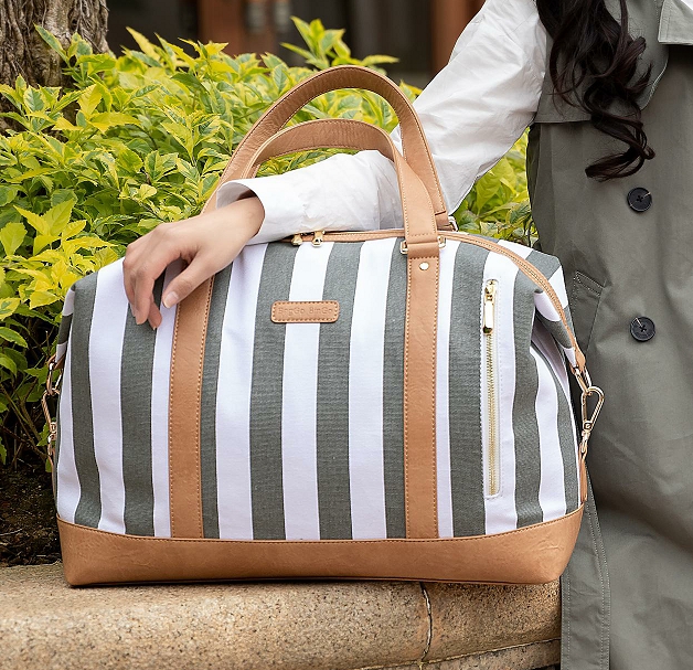 Stripe Canvas Duffle with Vegan Leather Trimming